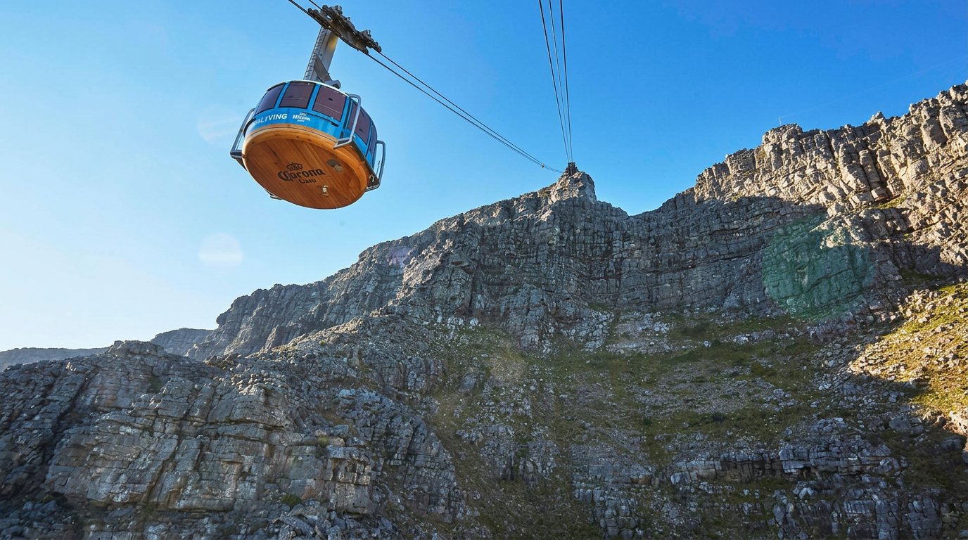 Cable car rising against the cliffs of Table Mountain under a clear blue sky