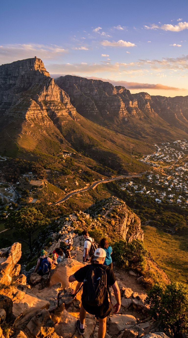 Walkers on the Lion's Head path at sunset with Table Mountain and the Twelve Apostles glowing above Cape Town