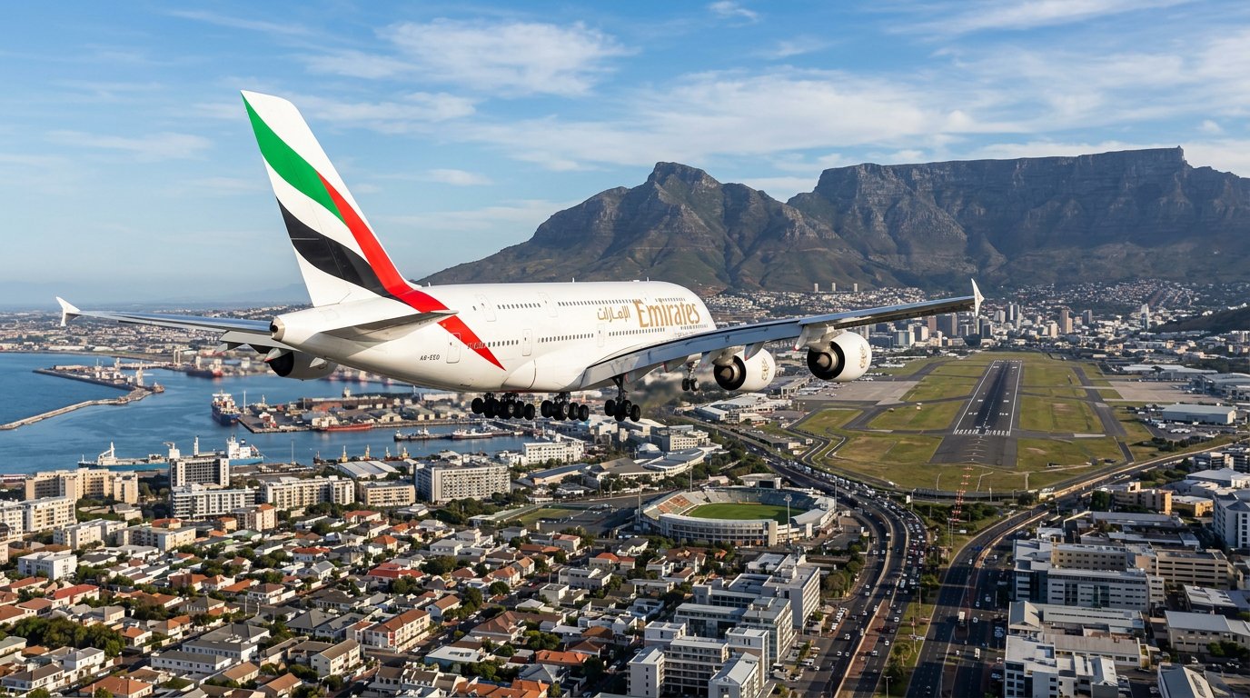 Aircraft on final approach into Cape Town with Table Mountain and the city below