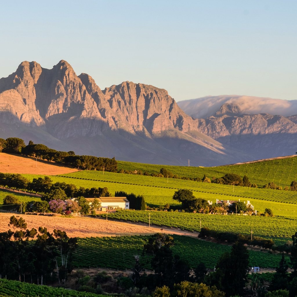 Vineyard rows and a wine farm beneath the Helderberg mountains in golden evening light
