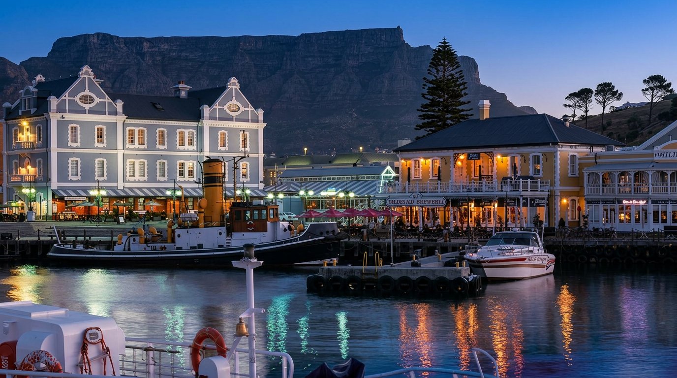 Lights reflecting on the water at the V&A Waterfront at dusk with Table Mountain behind