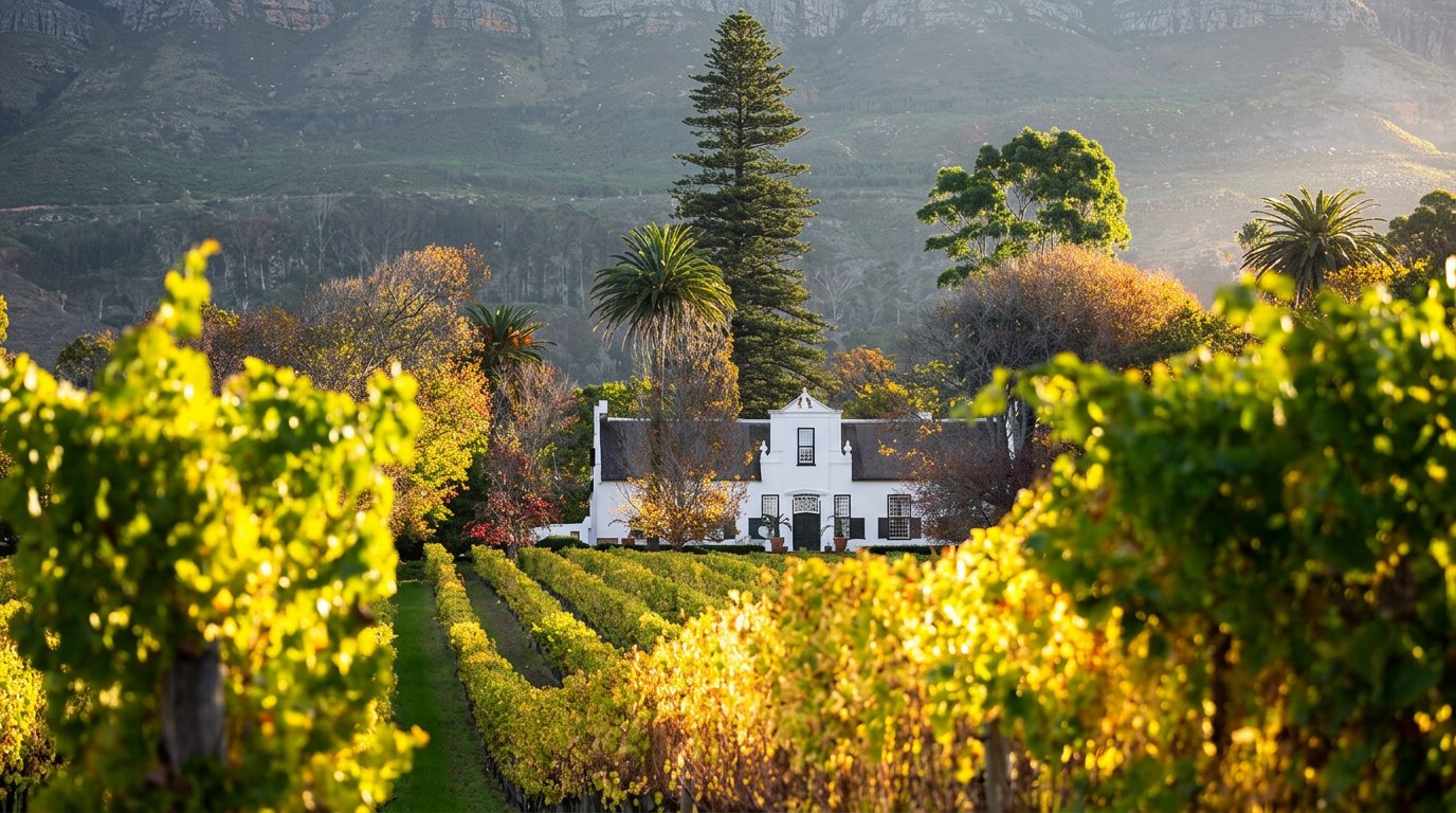Cape Dutch estate homestead beyond sunlit vineyard rows with the mountains behind in soft morning light