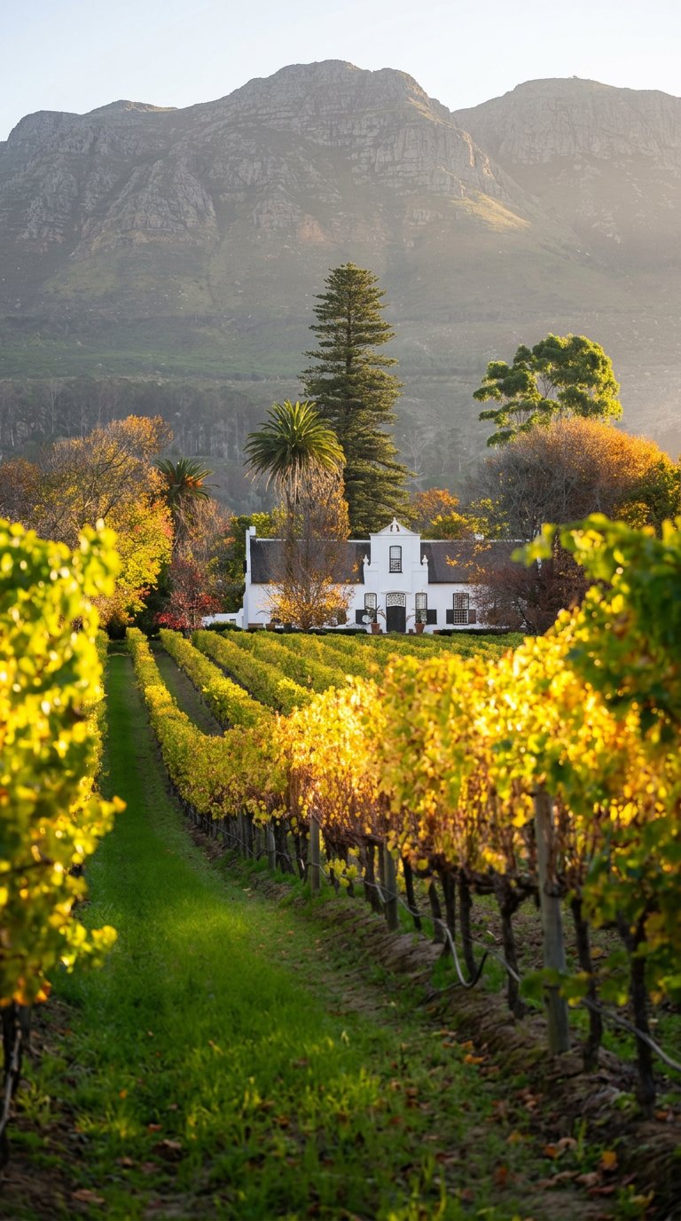 Cape Dutch estate homestead beyond sunlit vineyard rows with mountains behind