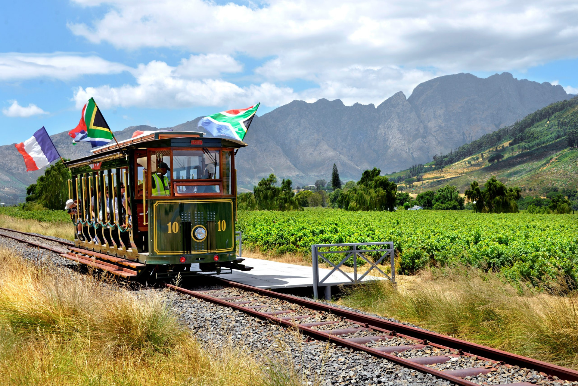 The Franschhoek wine tram passing vineyards with the valley mountains behind
